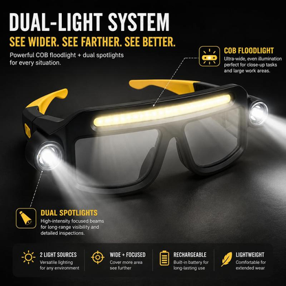 Hands-Free LED Work Glasses – Ultra-Bright Wide Beam, Side Lights, Fit-Over, Heavy-Duty Eye Protection, Multi-Function