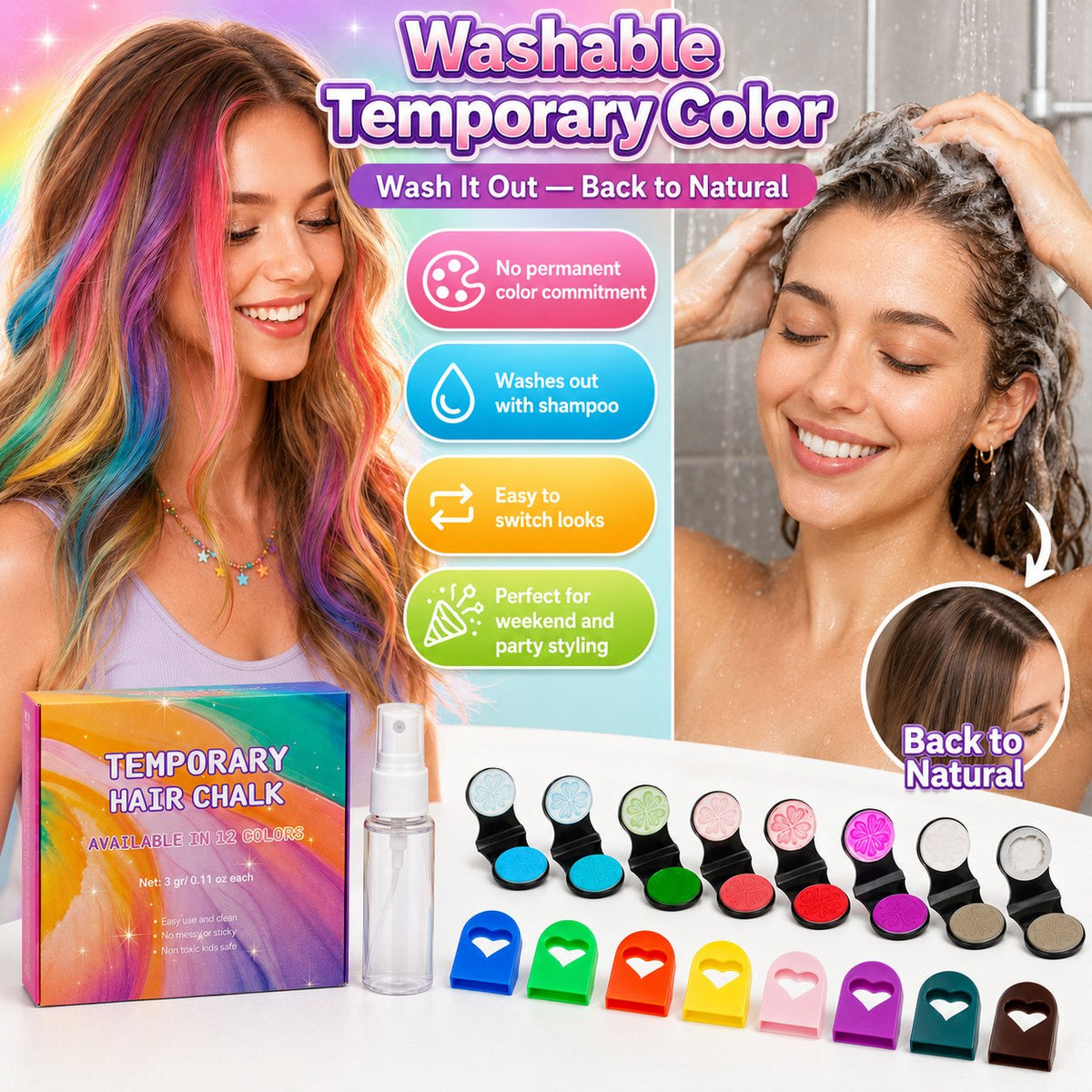 Gentle 12-Color Temporary Hair Chalk Set