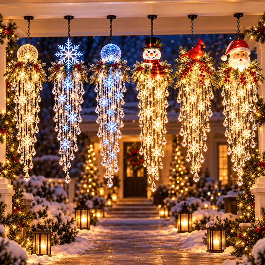Crystal Cascade Christmas Lights – Hanging Snowflake & Crystal LED Porch Décor ✨❄️