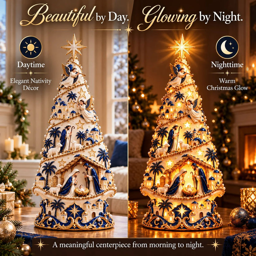 Nativity display during daytime and nighttime
