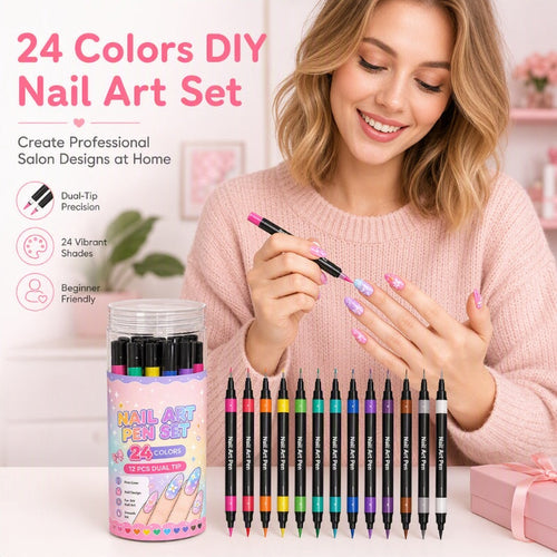 💕💅 24-Color Dual-Tip Nail Art Pens ✨ Quick-Dry DIY Nail Design Marker Kit 🎁