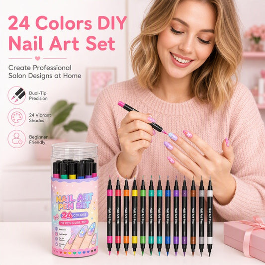 💕💅 24-Color Dual-Tip Nail Art Pens ✨ Quick-Dry DIY Nail Design Marker Kit 🎁