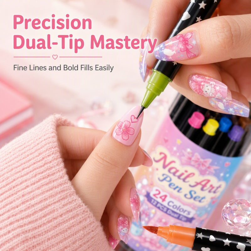 💕💅 24-Color Dual-Tip Nail Art Pens ✨ Quick-Dry DIY Nail Design Marker Kit 🎁