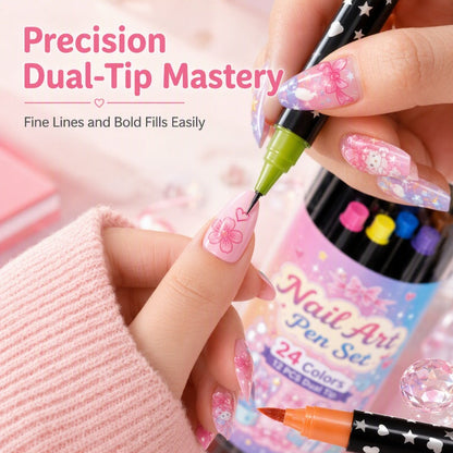 💕💅 24-Color Dual-Tip Nail Art Pens ✨ Quick-Dry DIY Nail Design Marker Kit 🎁