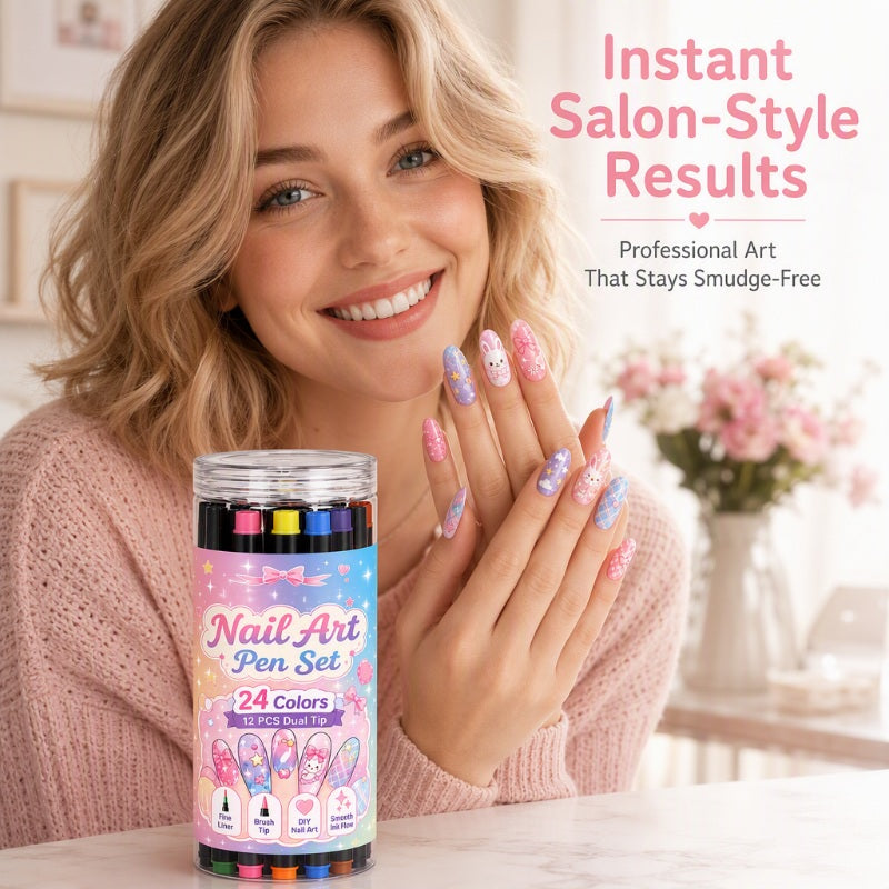 💕💅 24-Color Dual-Tip Nail Art Pens ✨ Quick-Dry DIY Nail Design Marker Kit 🎁