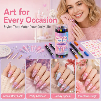 💕💅 24-Color Dual-Tip Nail Art Pens ✨ Quick-Dry DIY Nail Design Marker Kit 🎁