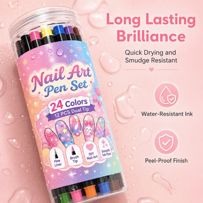 💕💅 24-Color Dual-Tip Nail Art Pens ✨ Quick-Dry DIY Nail Design Marker Kit 🎁