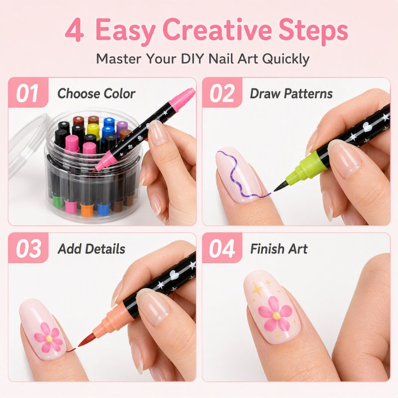 💕💅 24-Color Dual-Tip Nail Art Pens ✨ Quick-Dry DIY Nail Design Marker Kit 🎁
