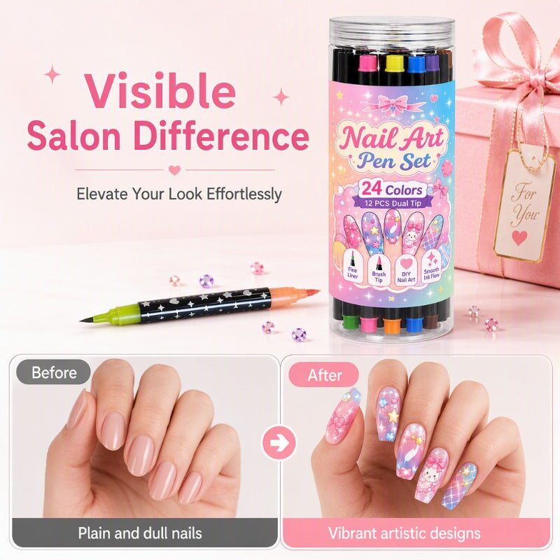 💕💅 24-Color Dual-Tip Nail Art Pens ✨ Quick-Dry DIY Nail Design Marker Kit 🎁